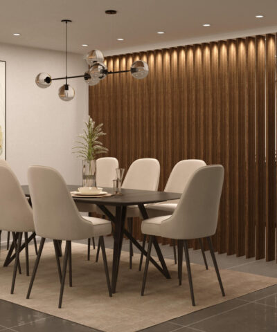 Walnut Room Divider with Lights in dining room