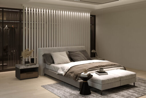 White Slat Room Divider with Lights in Bedroom