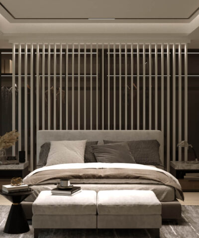 White Slat Room Divider with Lights in Bedroom