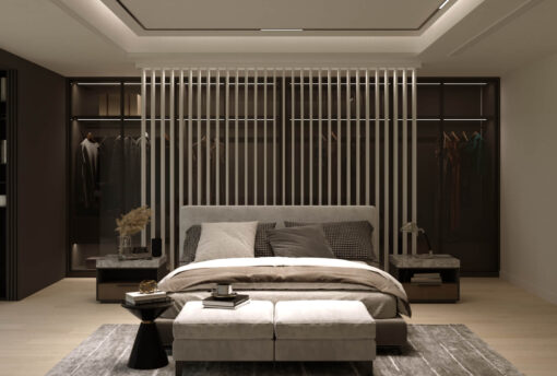 White Slat Room Divider with Lights in Bedroom