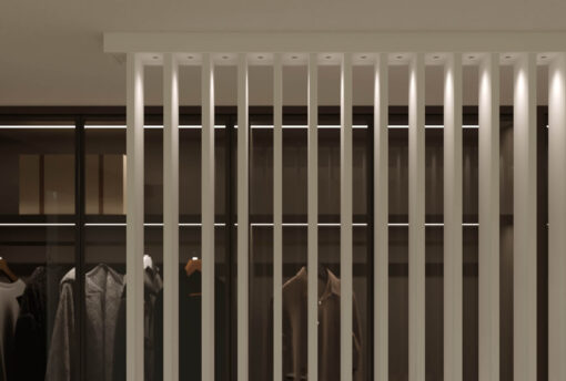 White Slat Room Divider with Lights in Bedroom